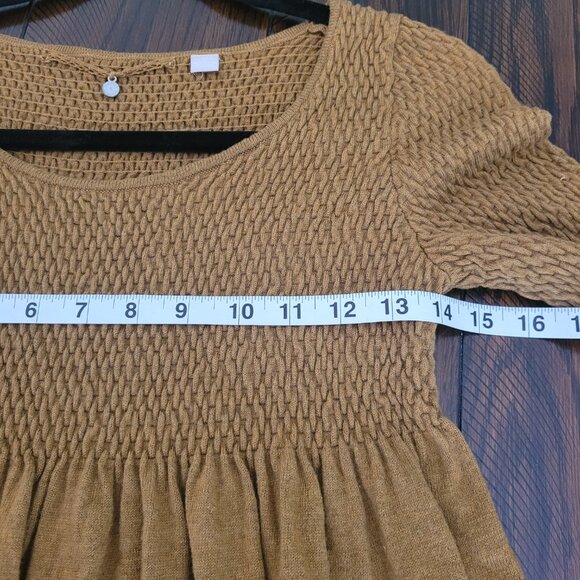 ANTHROPOLOGIE KNITTED & KNOTTED Sweater Size S Golden Tan  Babydoll Smocked - Picture 7 of 10